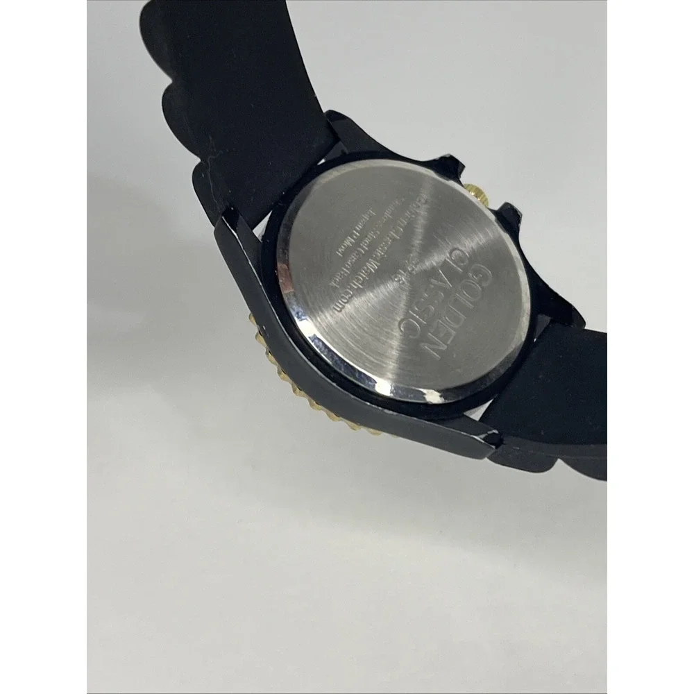 Golden Classic Women's Watch Crystal Bezel Black Silicone‎ Band- New Battery